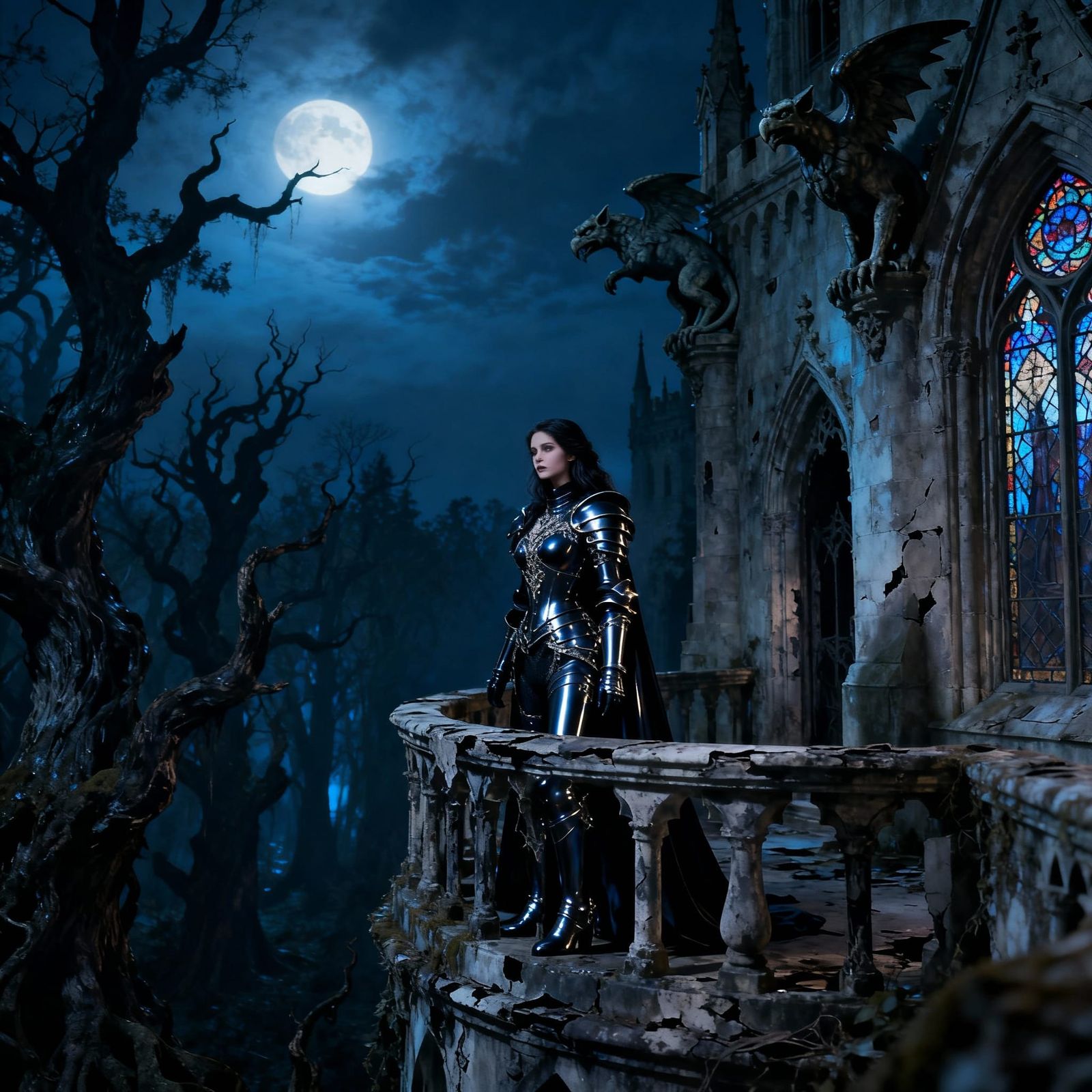 Gothic Princess in Latex Armor on Crumbling Balcony