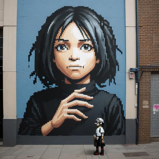 Pixel Art of a Girl with Pencil, Banksy Style