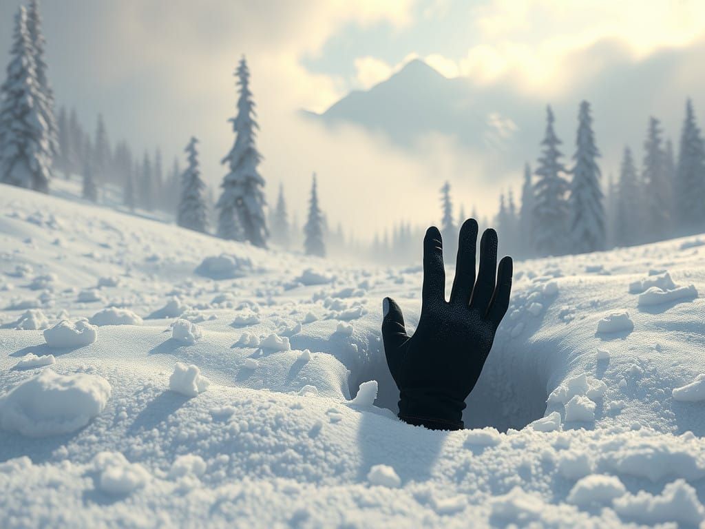 Lone Hand Emerges from Snowbank in Winter Wonderland