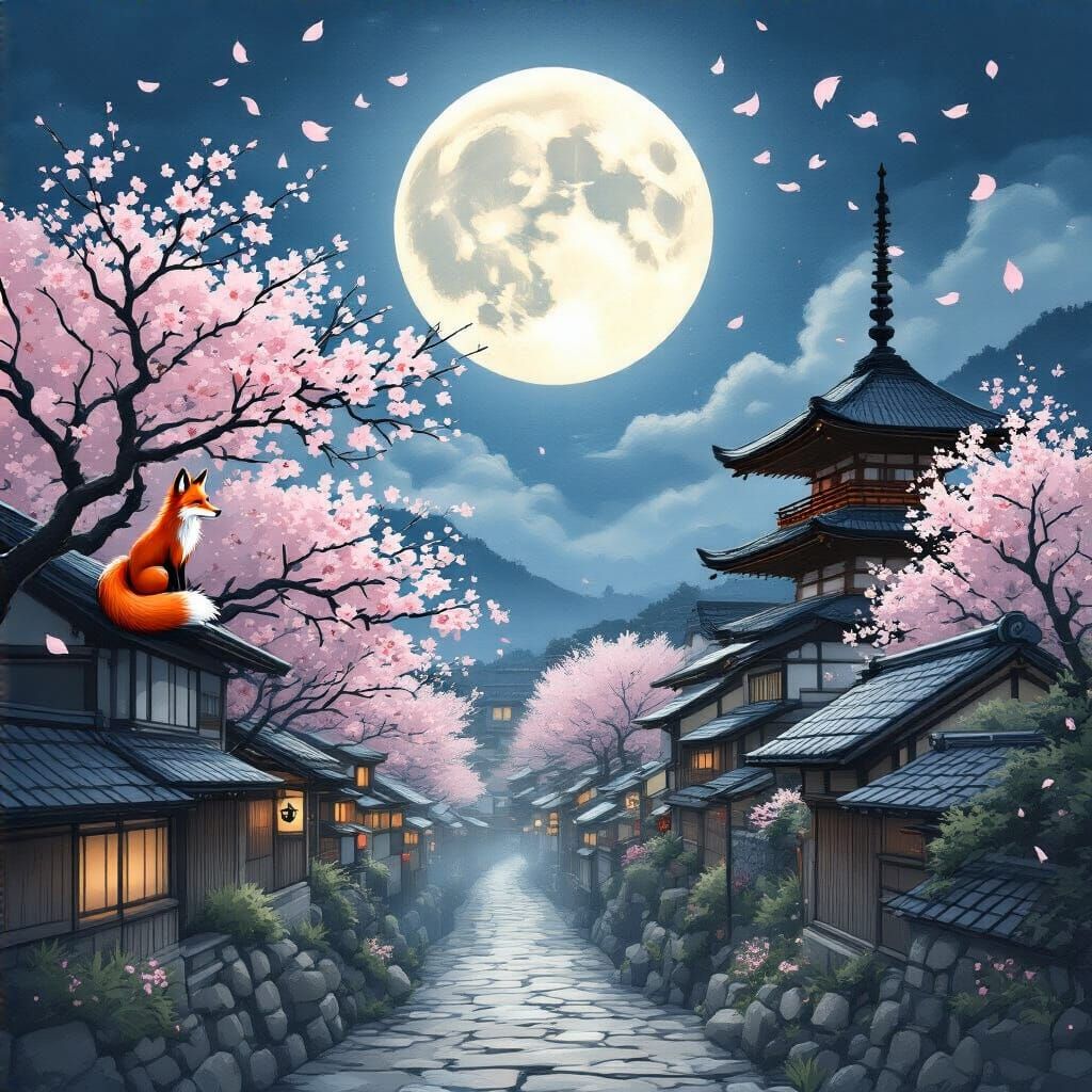 Moonlit Japanese Village with Fox Spirit: Ukiyo-e