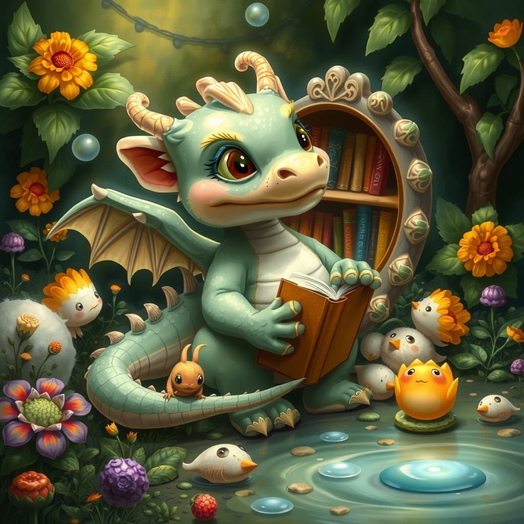 Chubby Little Dragons Discover Whimsical Bookshelf Amidst Lu...