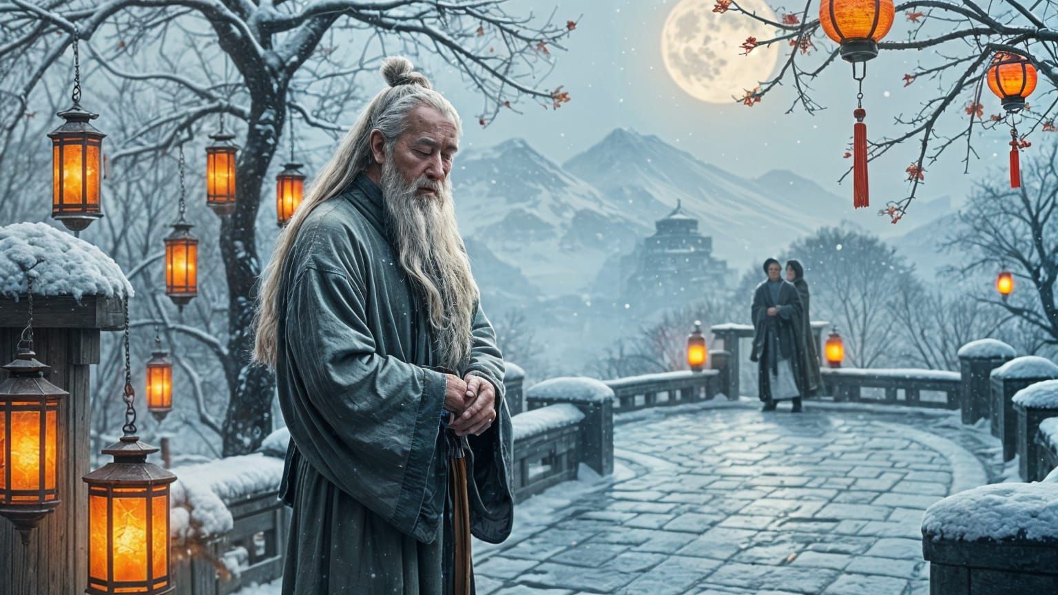 Sage in Winter Garden, Chinese Landscape Painting Style