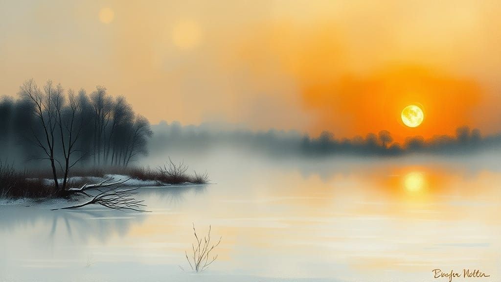 Winter Sunset on a Frozen Lake in Ethereal Landscape Paintin...