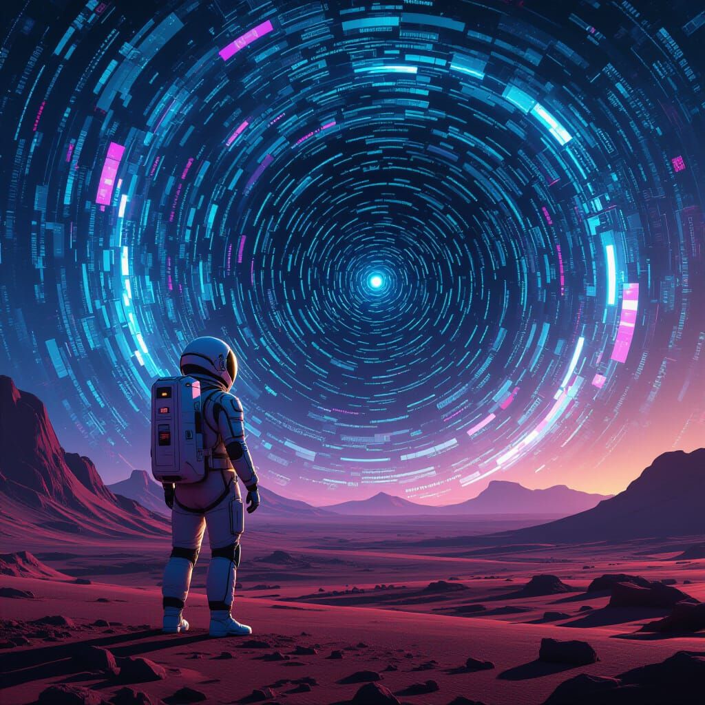 Astronaut in Binary Code Suit on Data Stream Planet