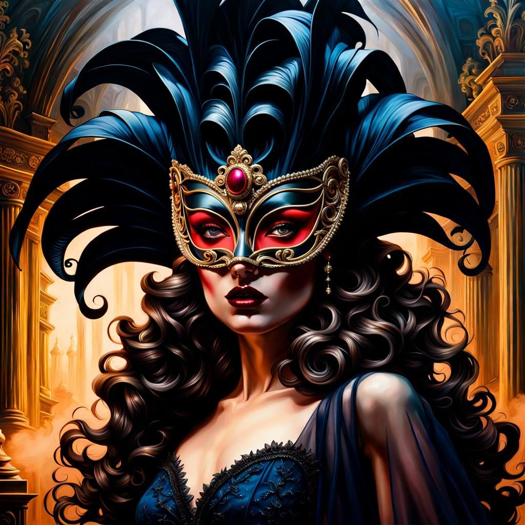 Neon Baroque Mask at Opulent Ball, Hyperrealistic 3D