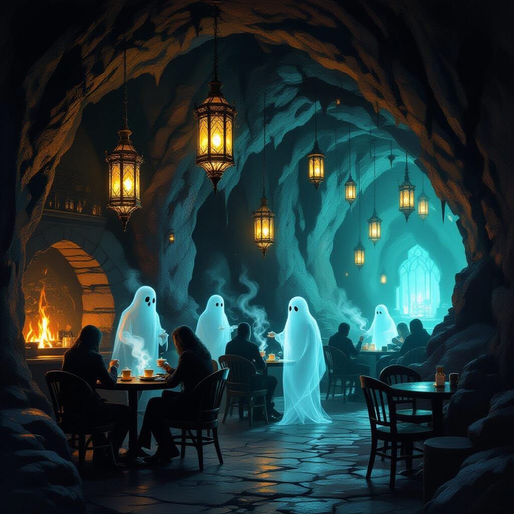 Ghostly Cafe in Dimly Lit Cavern Illuminated by Lanterns