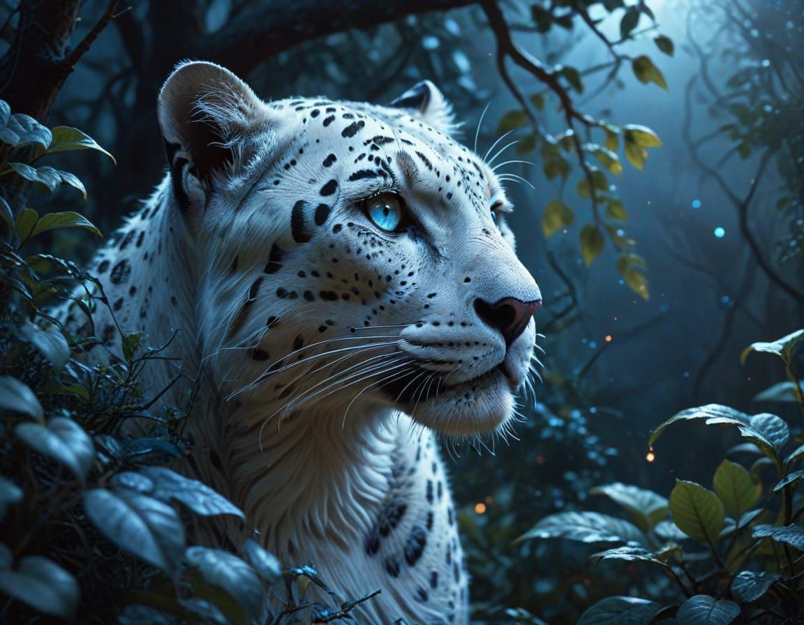 Whimsical White Leopard Peers Out Under Moonlit Mist