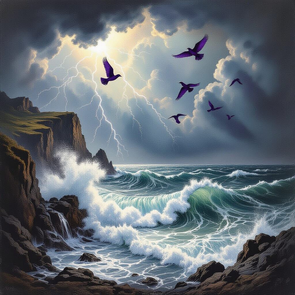 Dramatic Seascape: Stormy Night with Purple Birds
