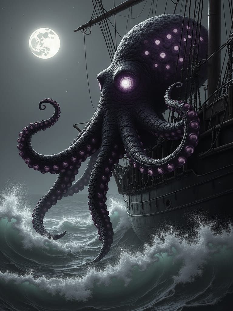 Bioluminescent Octopus Attacks Ship at Sea