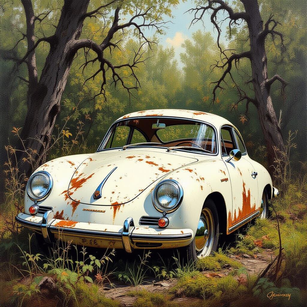 Destroyed White Porsche 356A Oil Painting in Overgrown Field