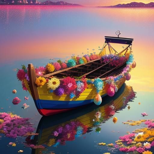 Rainbow Boat in Glass Box: Hyperrealistic Candy Art