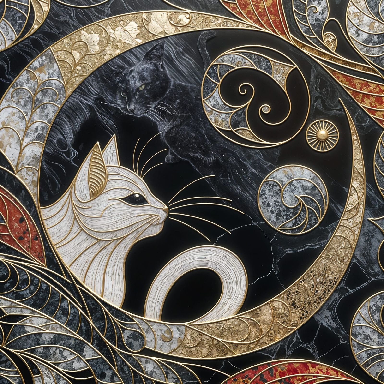 Abstract Stone Design with Cat and Moon in Gold Leaf