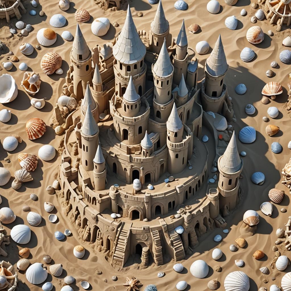 Hyperrealistic Seashell Sandcastle in 3D Anime Art