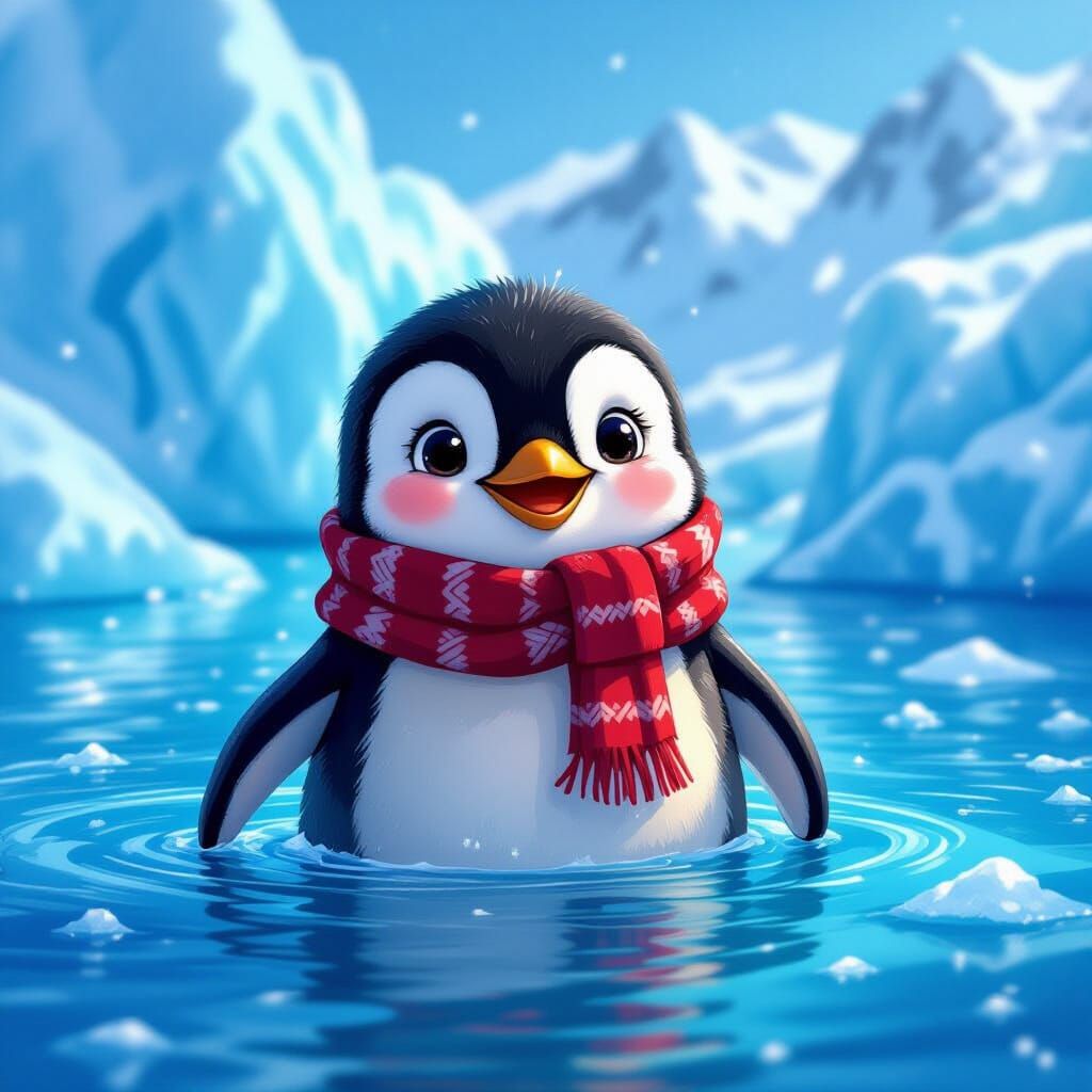 Adorable Penguin in Crystal Clear Water as Digital Art