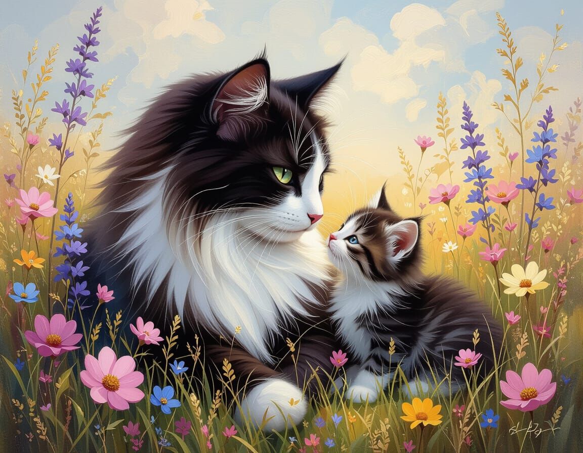 Elegant Cat and Kitten in Spring Meadow Oil Painting