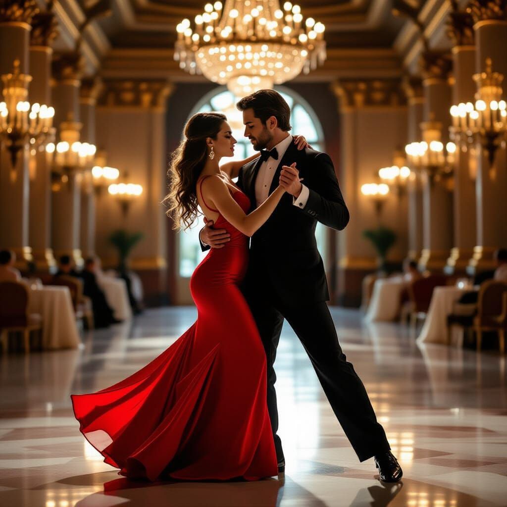 Tango Dancers' Passionate Embrace in Ballroom