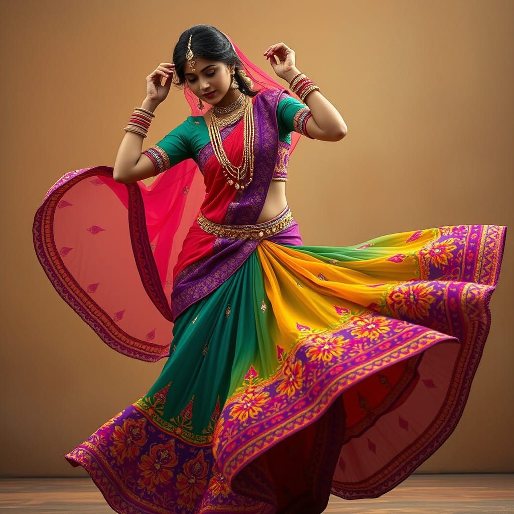 Indian Goddess in Vibrant Lehenga Dance Pose