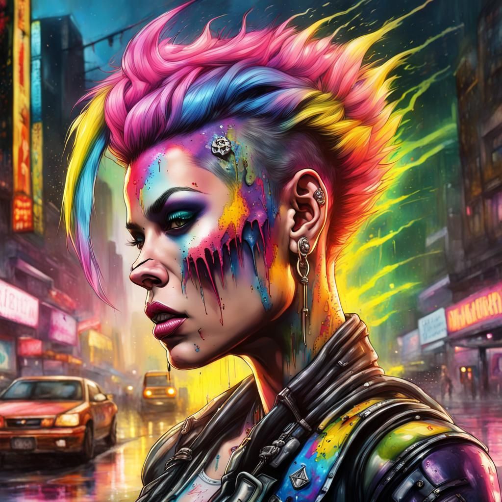 Cyberpunk Queen in Rainbow Lightning, Graffiti Art