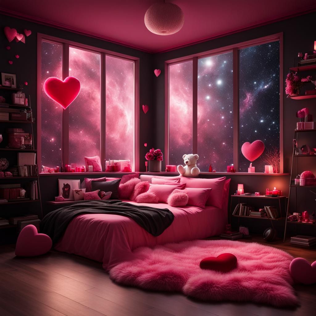 Cozy Valentine's Room with Teddy Bear and Space View