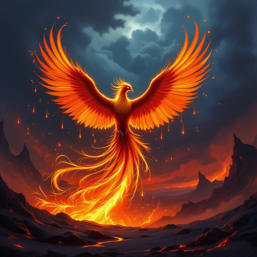 Majestic Phoenix Rises from Molten Gold Lava Vortex