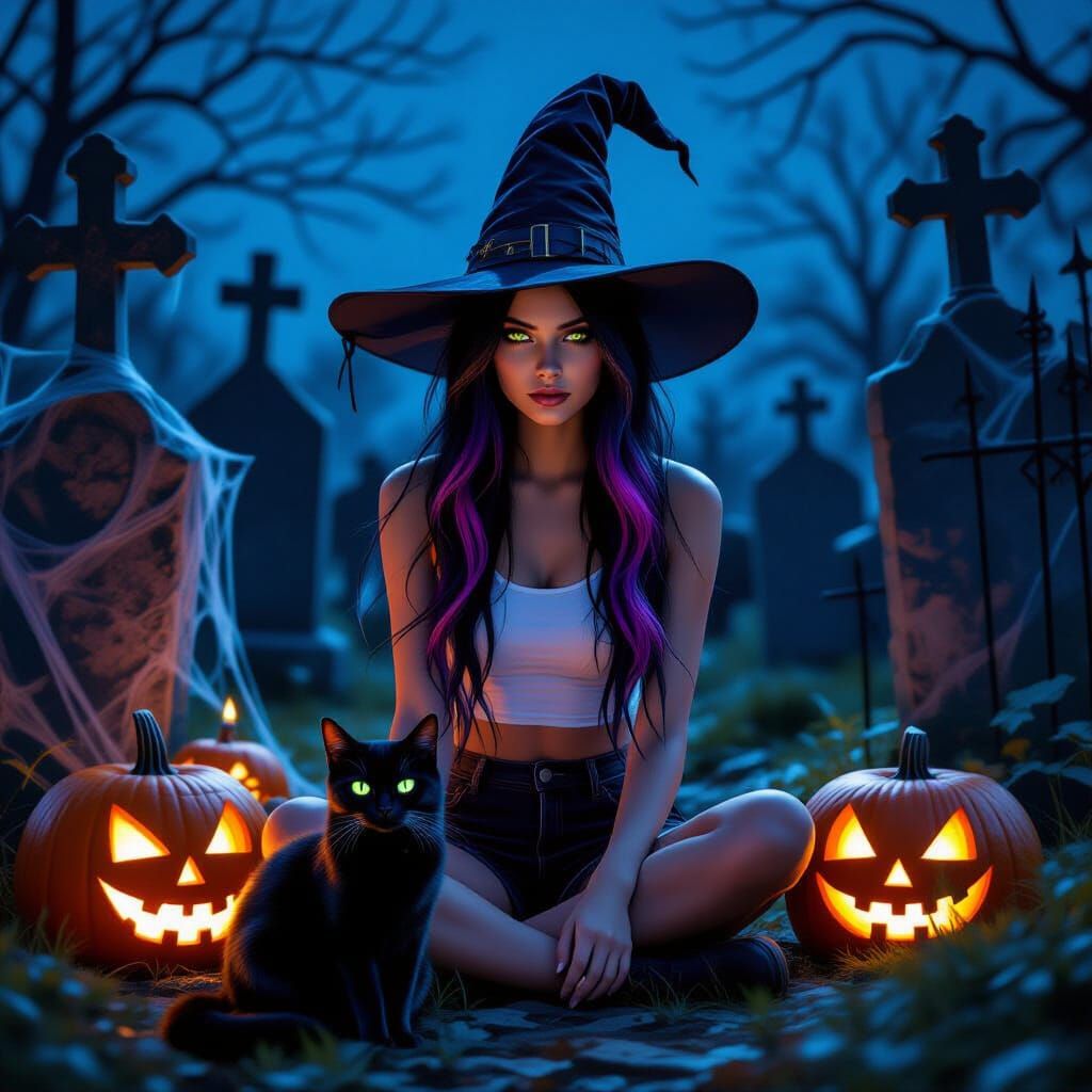 Witch in Churchyard at Night