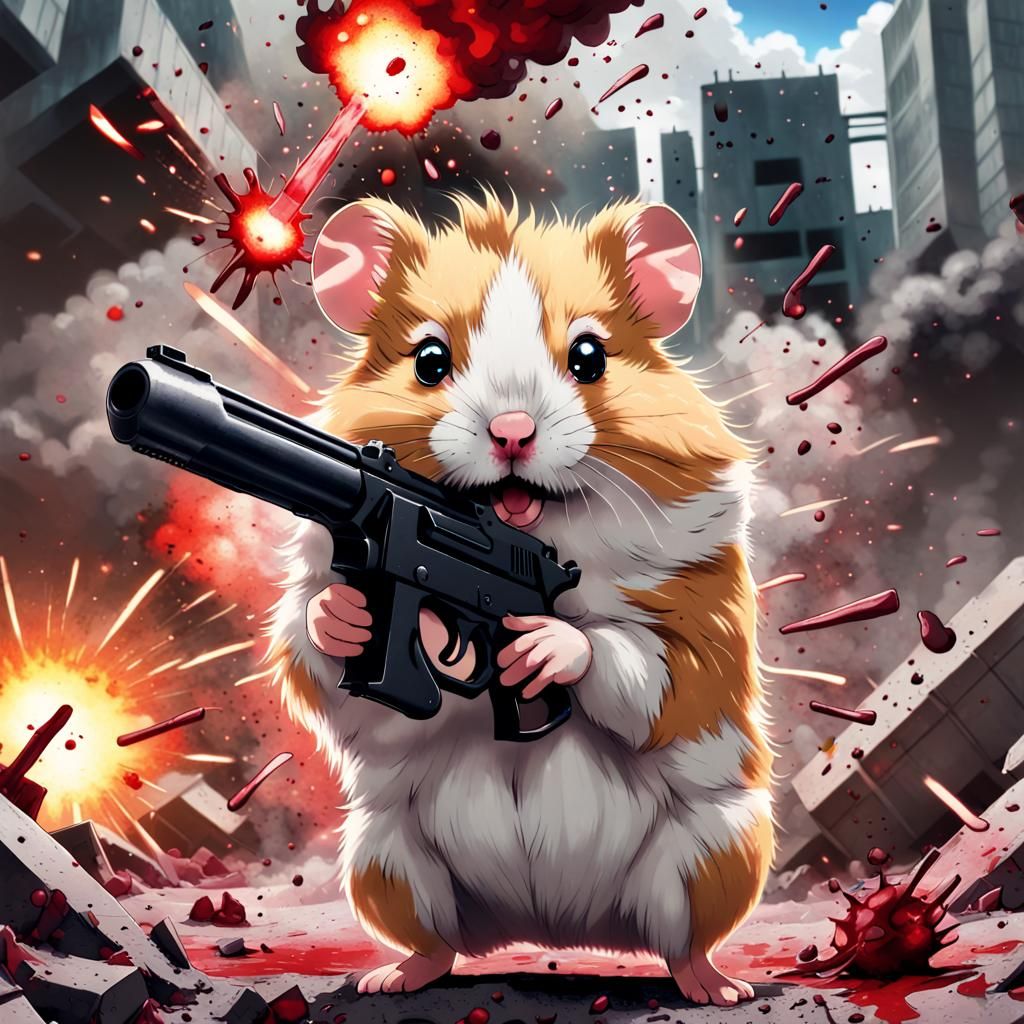Anime Hamster with Gun in Explosive Scene