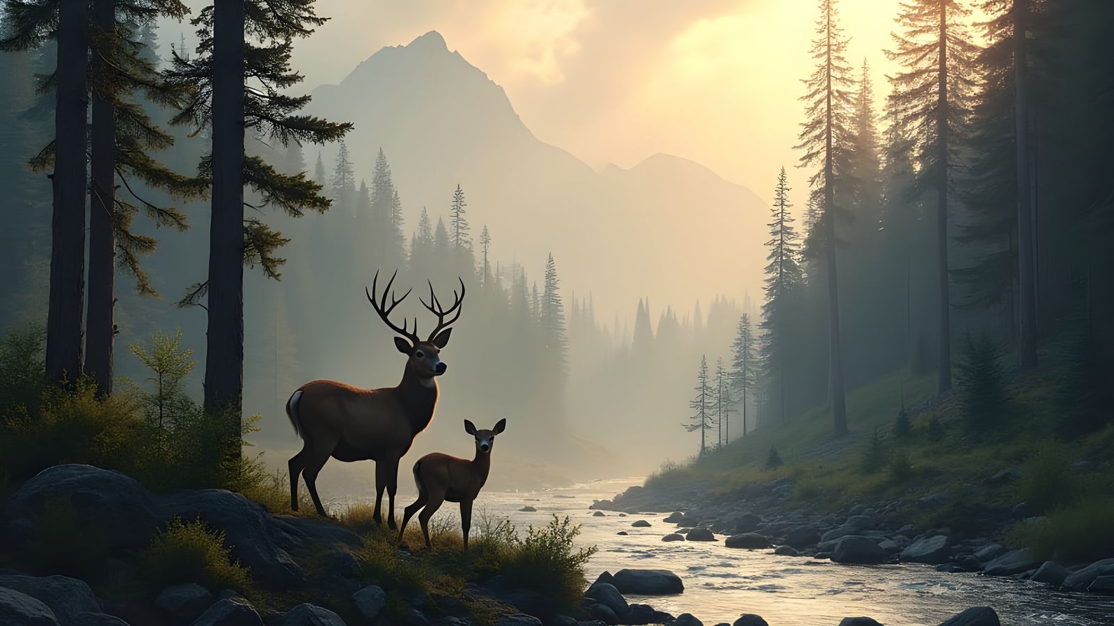 Hyperrealistic Mountain Forest Scene at Dawn with Deer