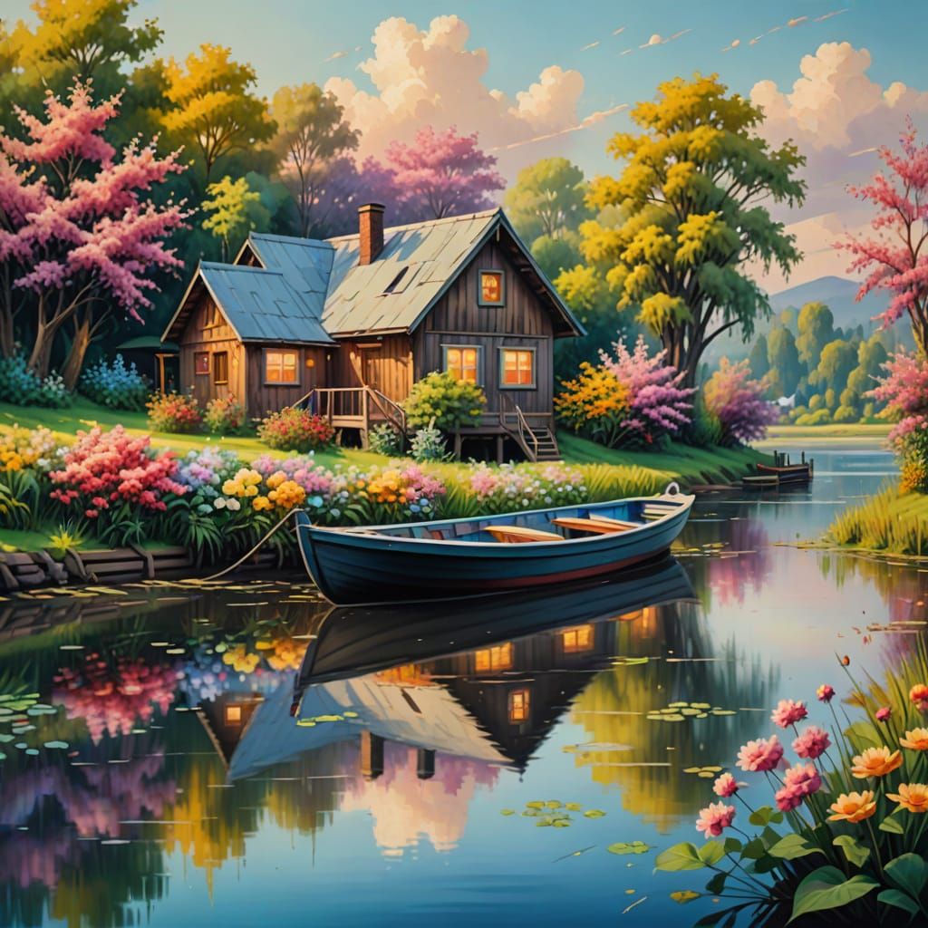 Idyllic River Landscape in Airbrush Art Style