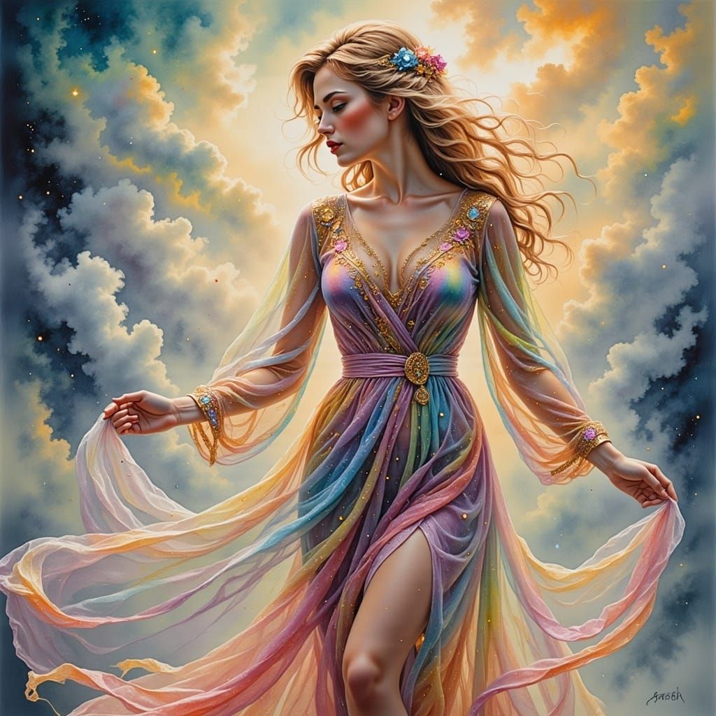 Ethereal Woman in Iridescent Silk Robes