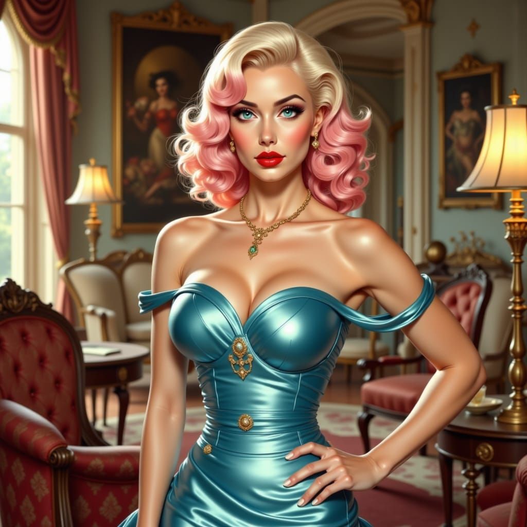Anime Pin-Up Girl in Cyan Satin Dress