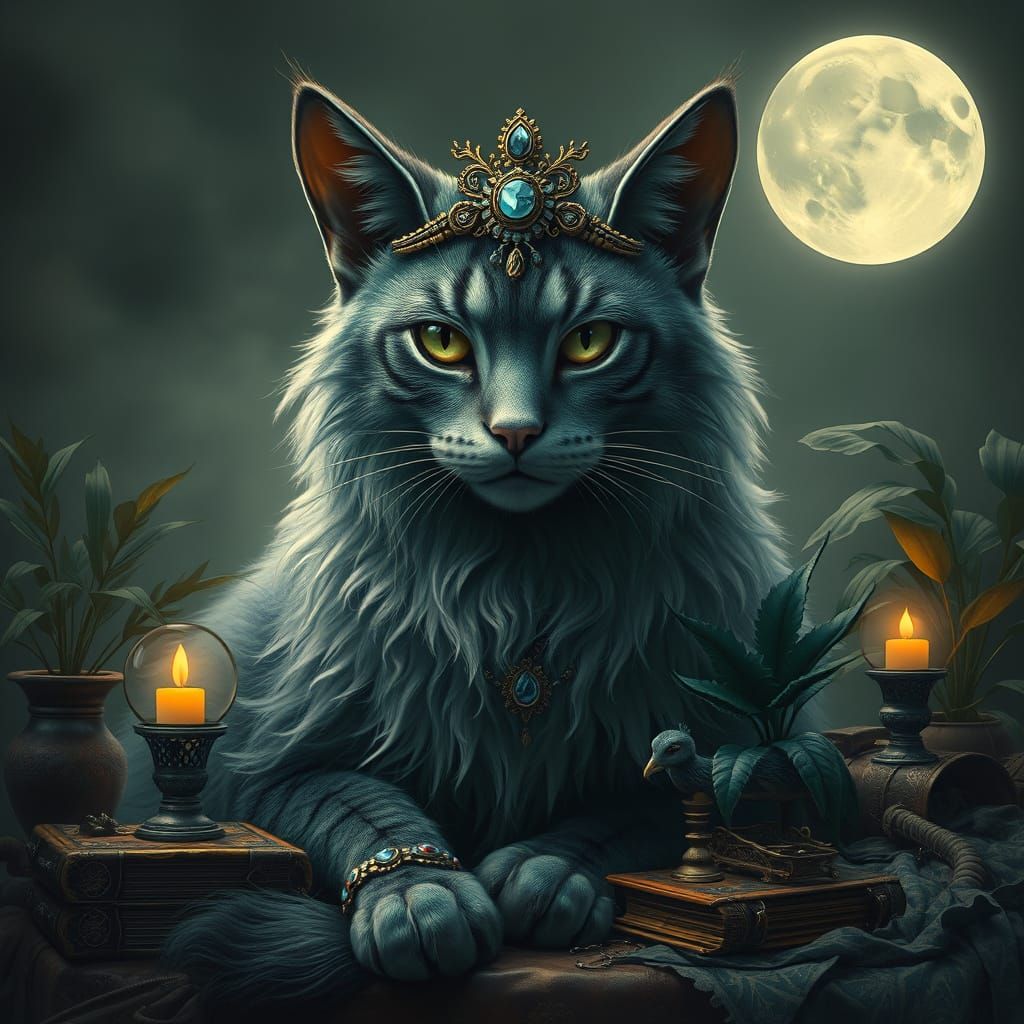 Majestic, Ethereal Feline in Antique Regalia, Lunar Glow