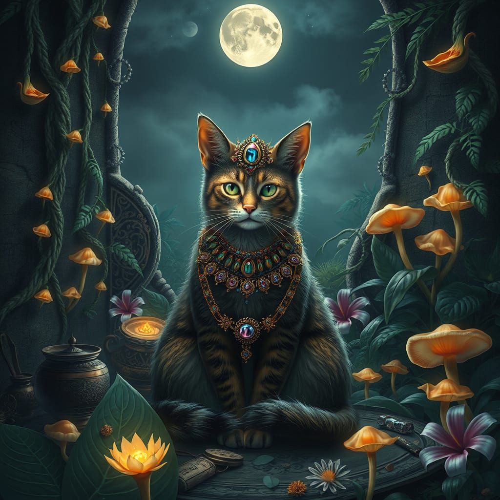 Whimsical Cat in Lush Tropical Realm