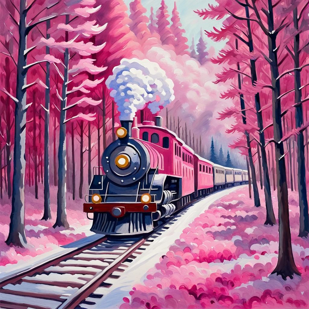 Pink Forest Christmas Train in Impressionist Gouache Style