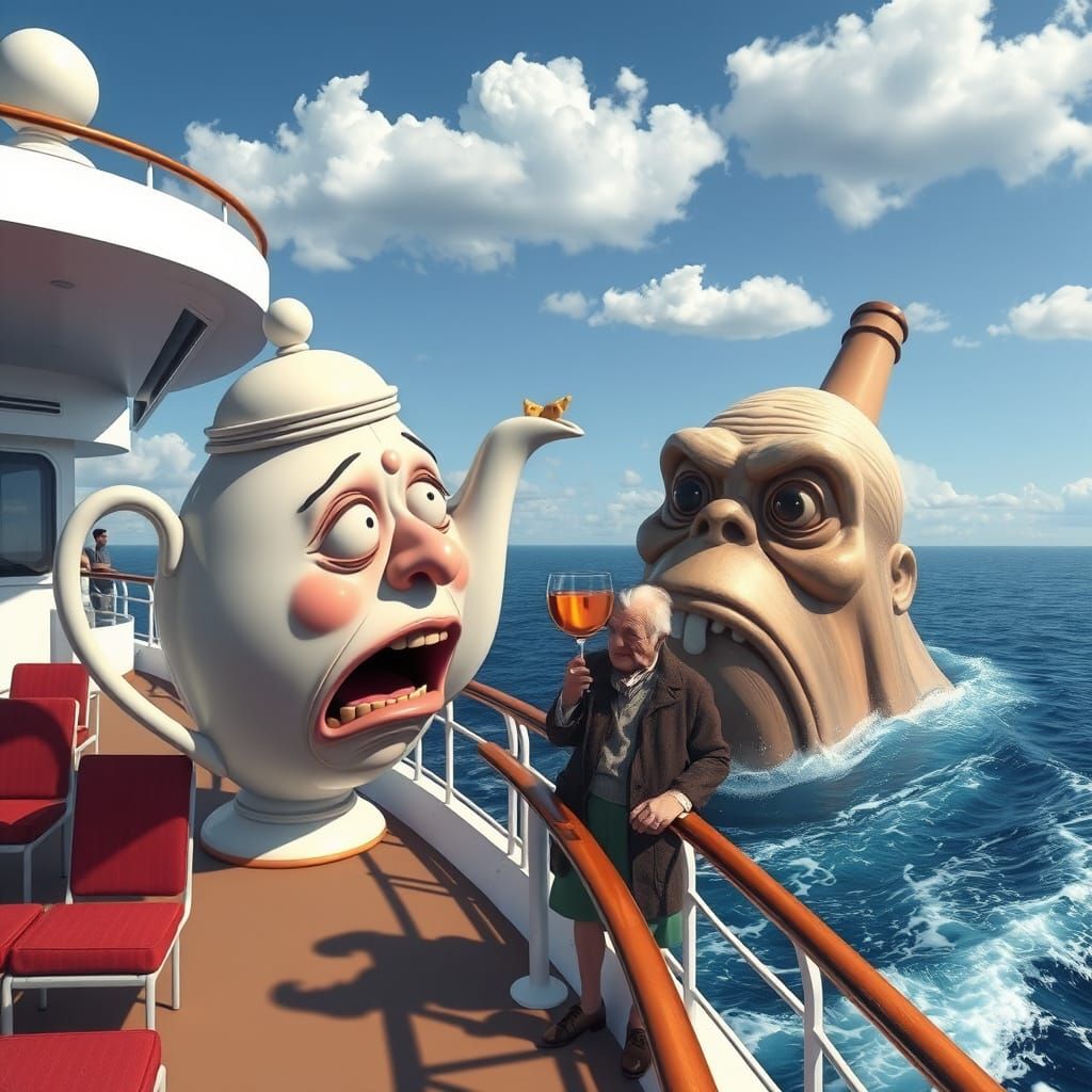 Terrified Teapot Drinks Cocktail as Kraken Rises