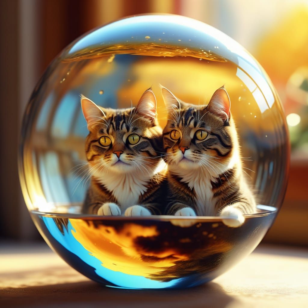 2 cats floating in water in a glass ball?