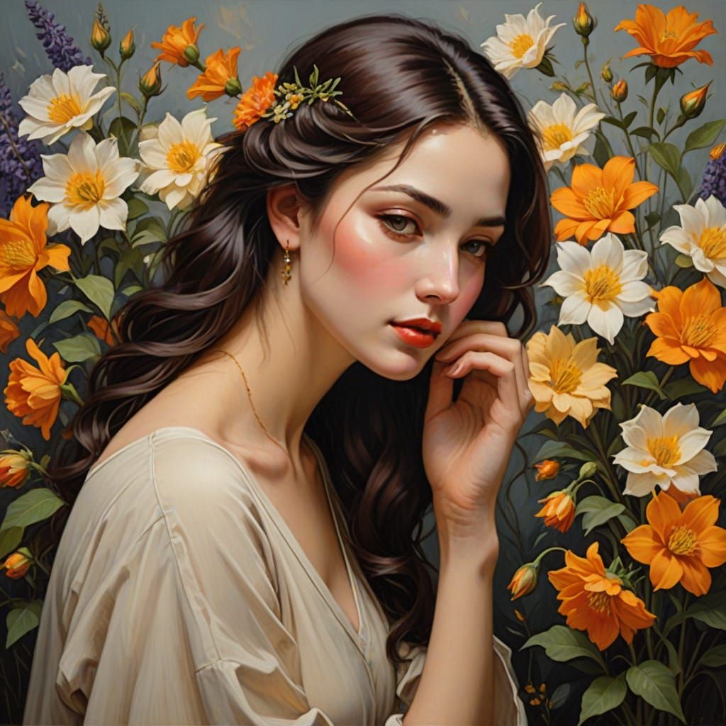 Sensual Woman Smelling Flowers in Oil Painting