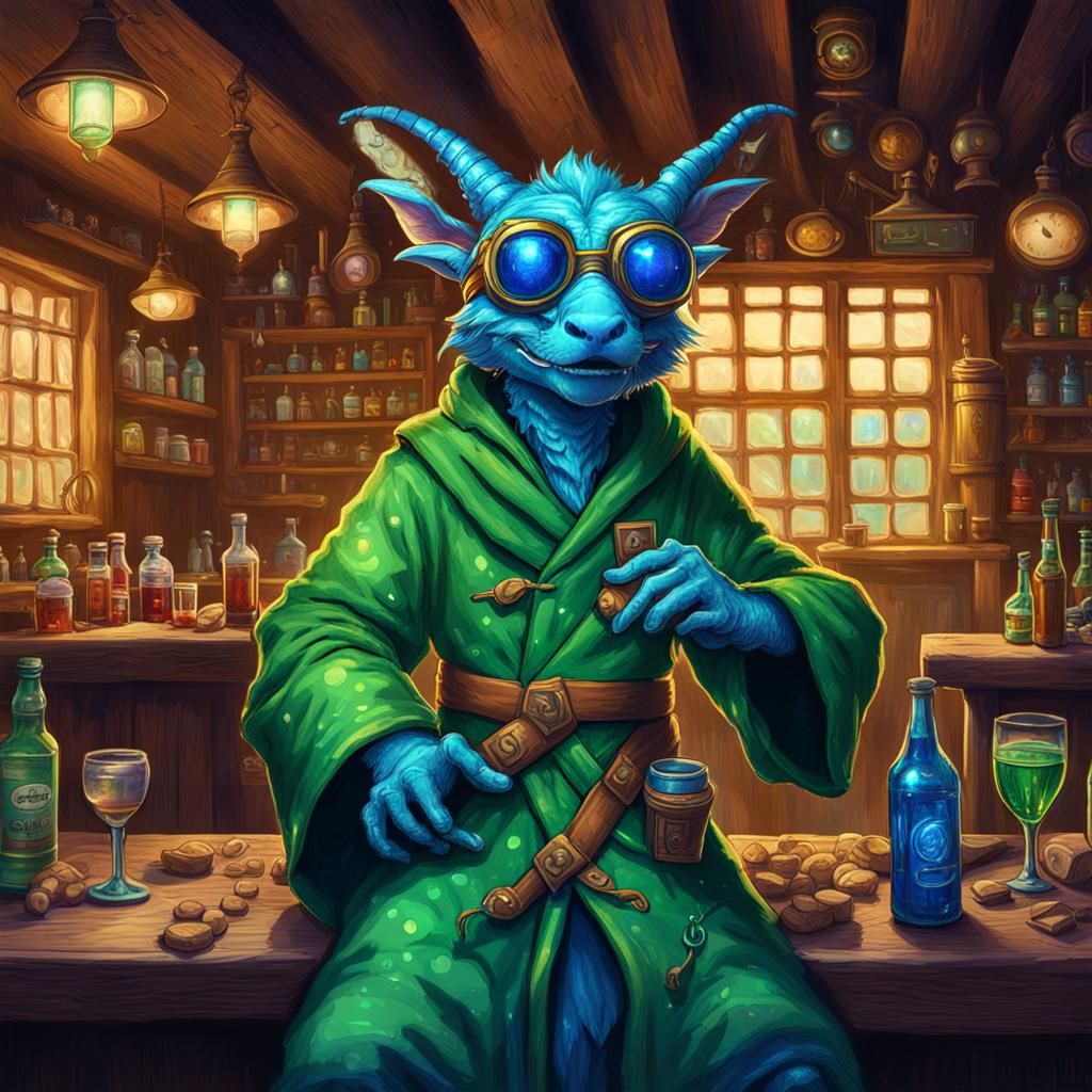 Blue Kobold in Tavern: Holographic Astral Illustration