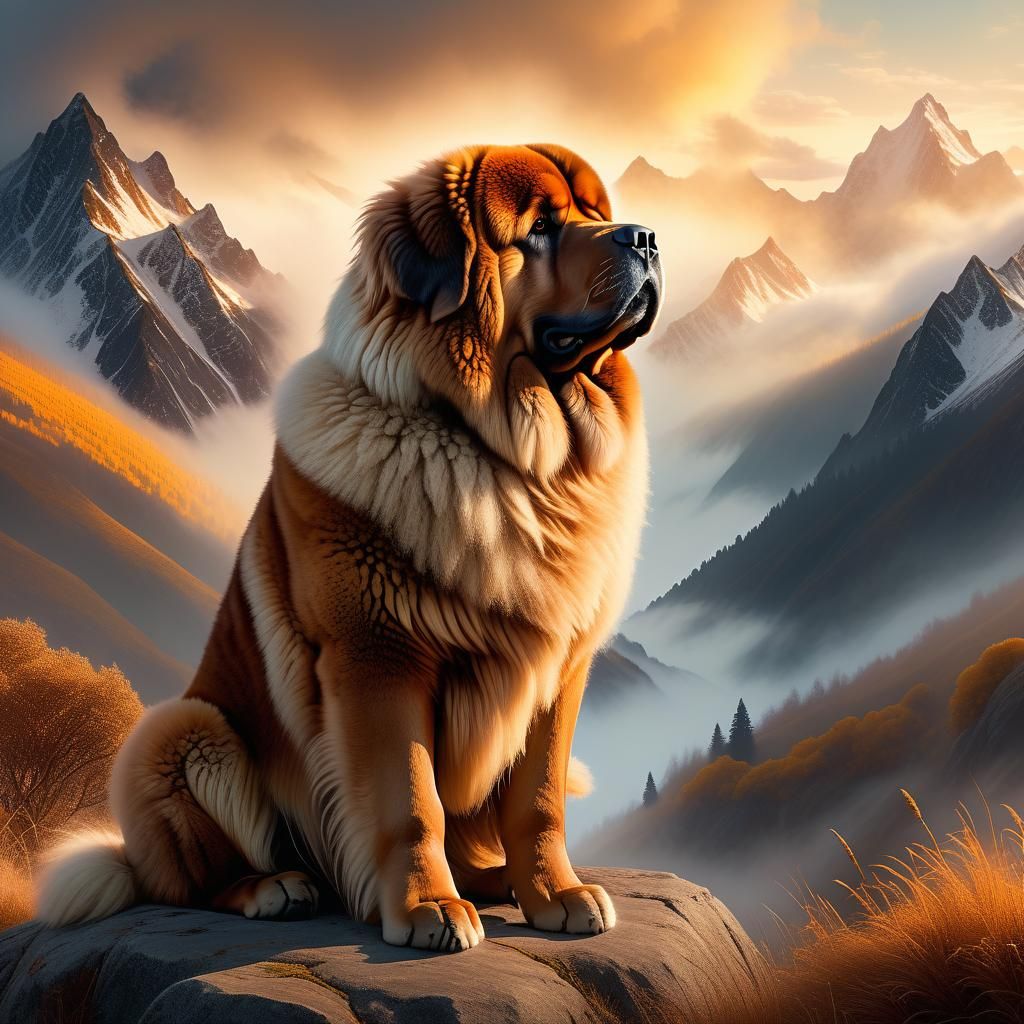 Serene Tibetan Mastiff in Misty Landscape