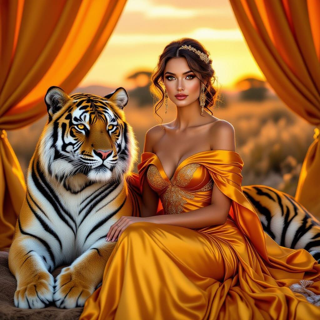 Elegant Woman with Majestic Tiger in Luxurious Gown