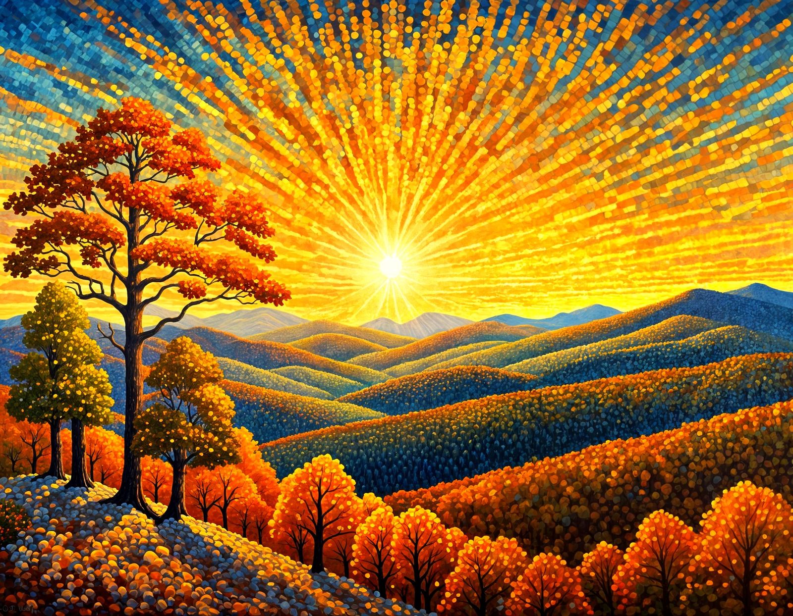 Autumn in Ouachita Mountains: A Pointillist Landscape