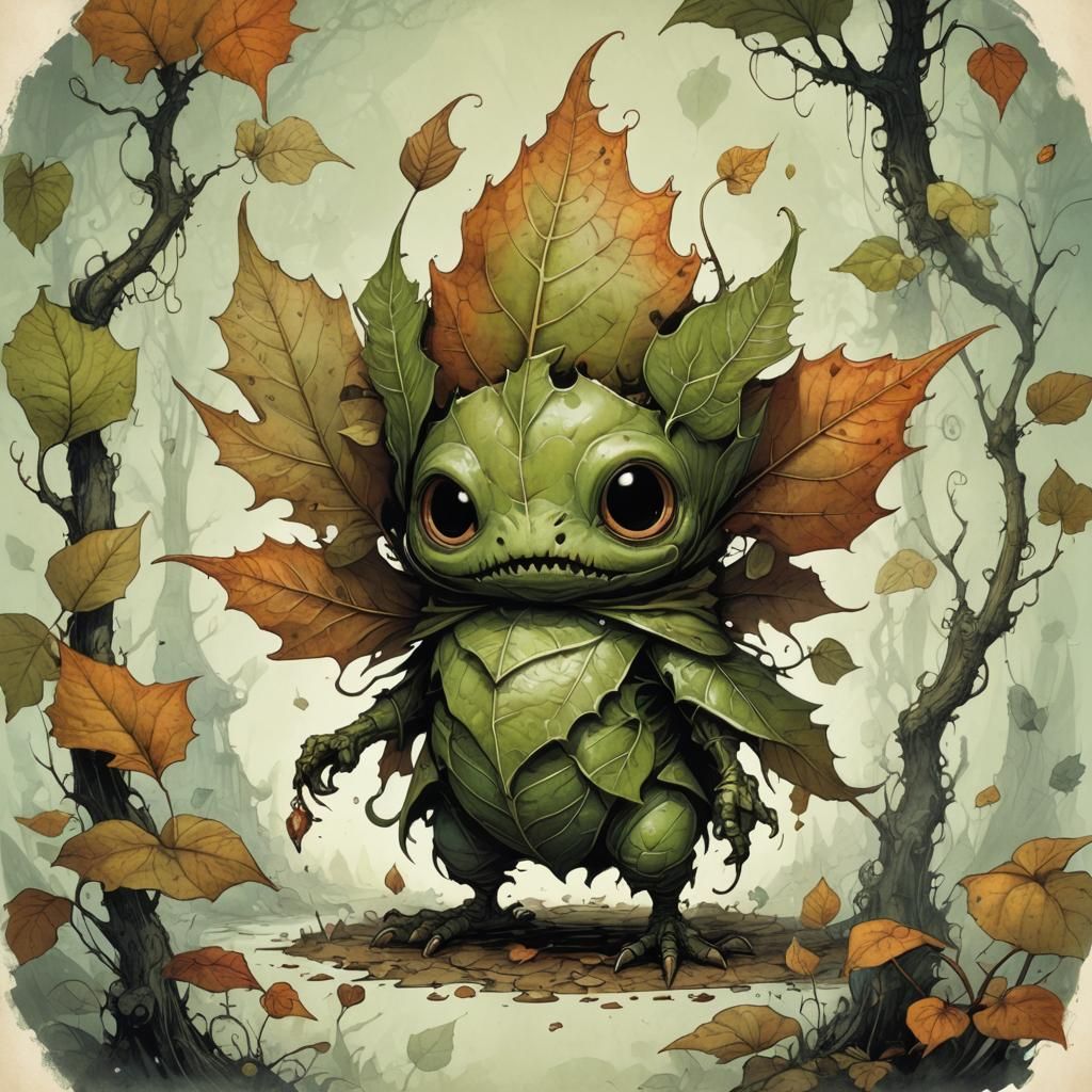 Surreal Leaf Creature with Storybook Illustration Style