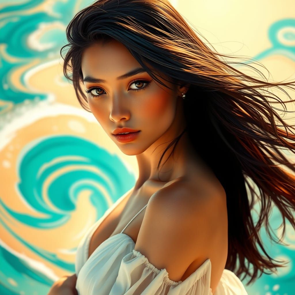 Hyper-Realistic Beach Goddess in Flowing White