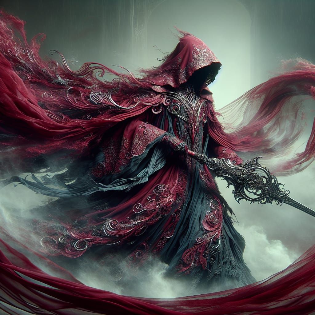 Crimson Cloaked Figure with Sword in Dramatic Scene