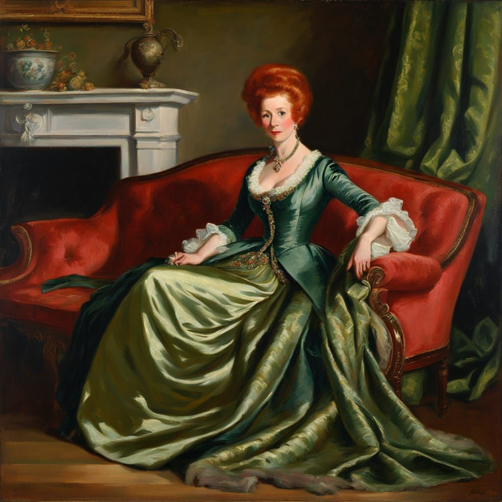 Elegant Woman in Green Gown: Classical Oil Painting