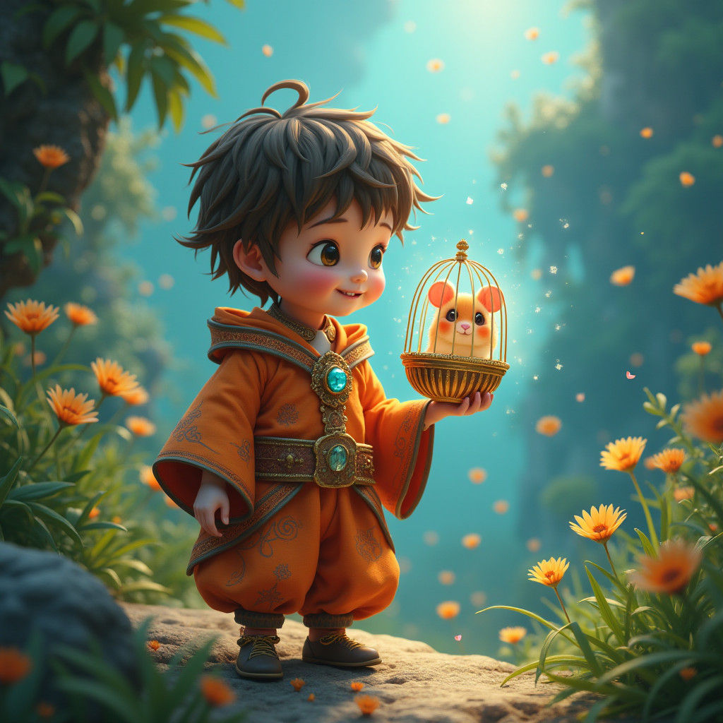 Surreal Kid Consuming Hamster in Dreamlike Setting