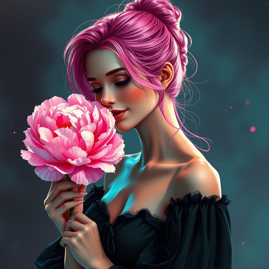 Vibrant Woman Admires Pink Peony in Intricate Ink Lines