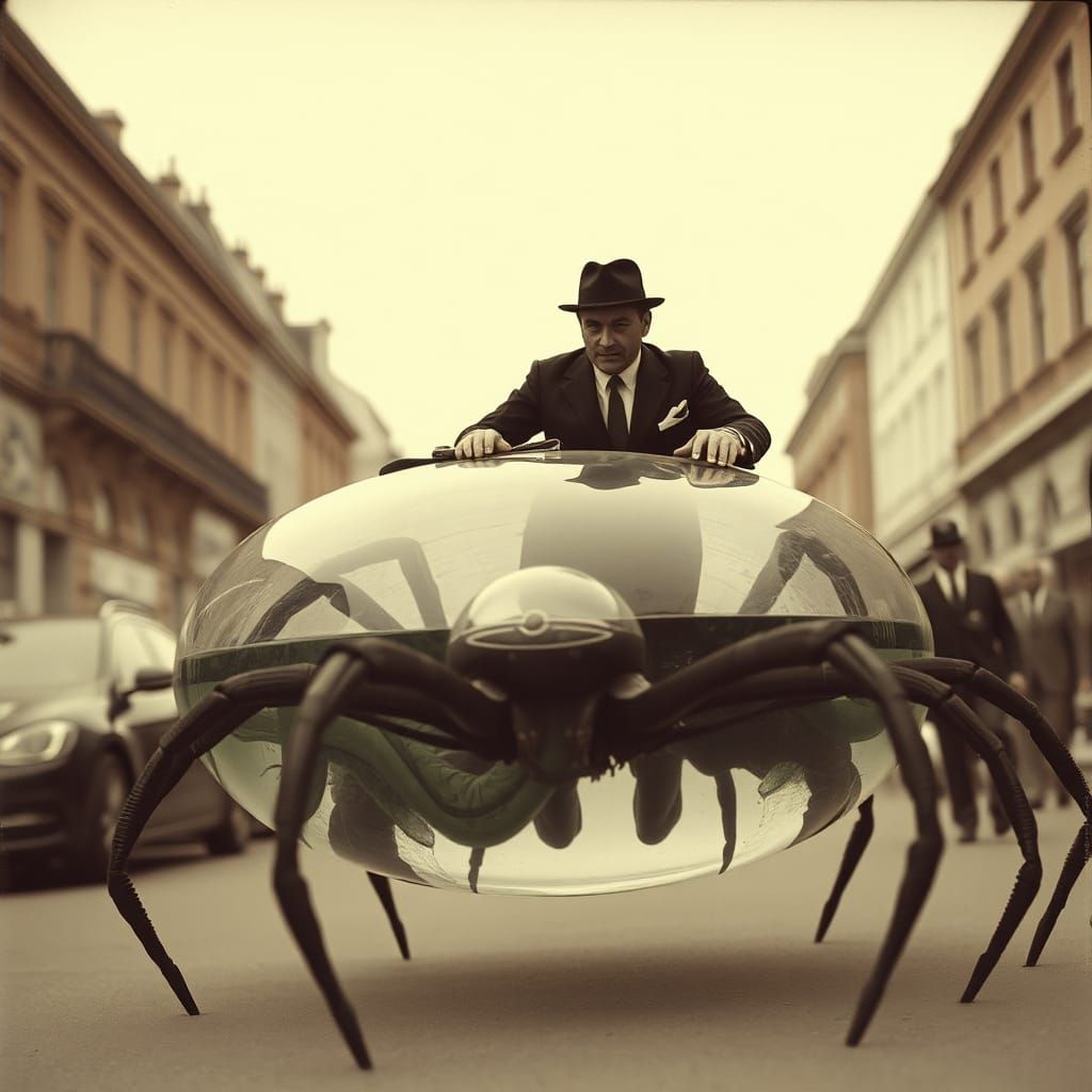 Sepia Photo: Man in Top Hat Drives Spider Tank