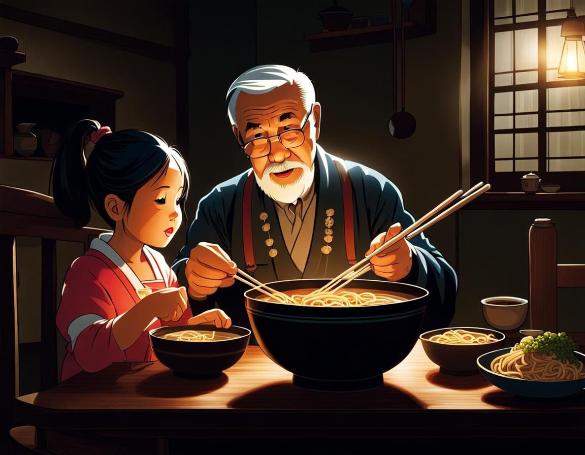 Grandfather and Granddaughter Share Ramen