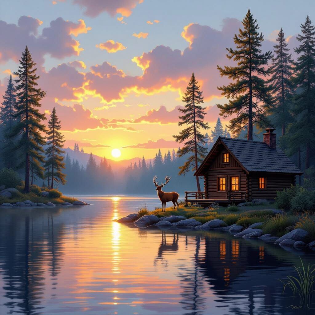 Rustic Cabin on Lake with Deer at Sunset
