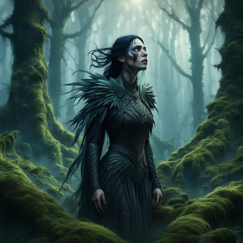 Winged Woman Crying in Misty Forest: Fantasy Art